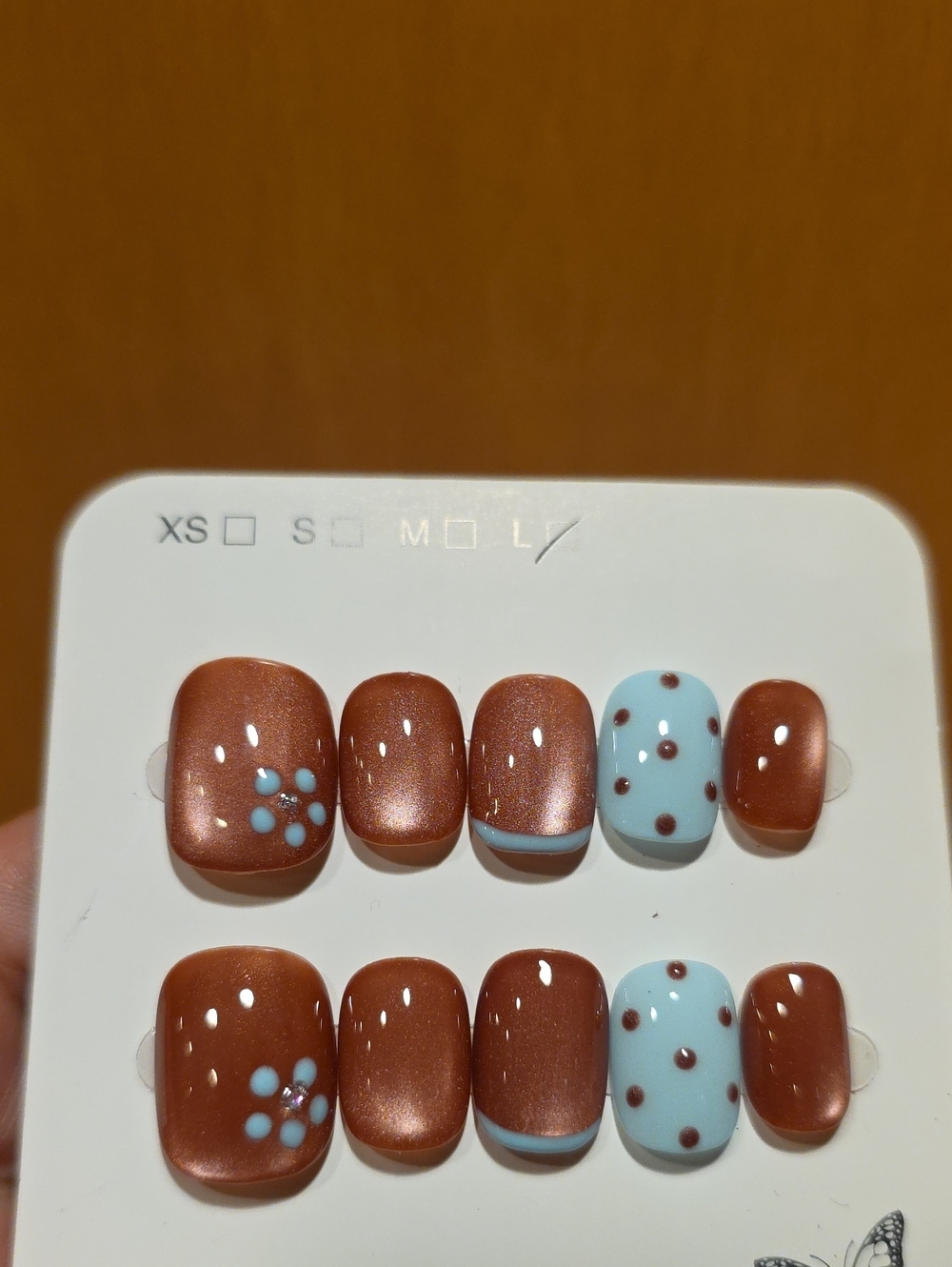 Brown and Light Blue Polka Dot Press-On Nail Set Size Large